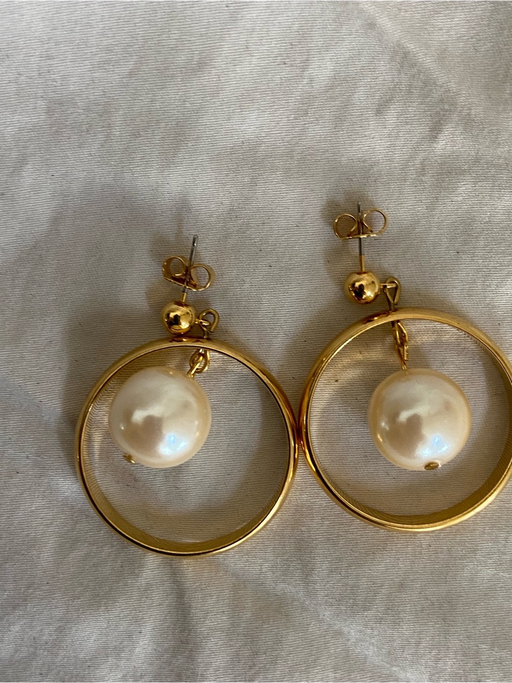 Vintage Gold Hoop Dangle Earrings with Pearl Accent
